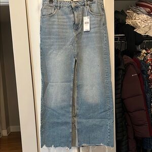 Mango Blue High-Waisted maxi skirt with Frayed Hem